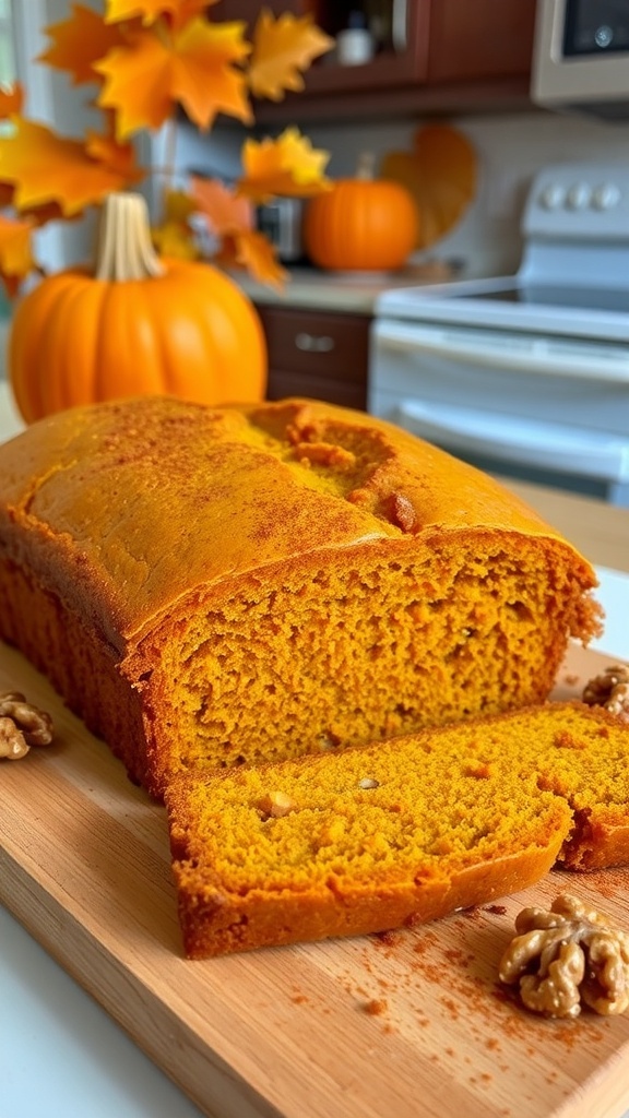 Moist Canned Pumpkin Bread Recipe A golden-brown loaf of pumpkin bread on a cutting board, garnished with cinnamon and walnuts.